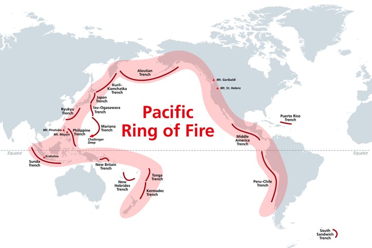 Pacific Ring of Fire, world map with oceanic trenches. The Rim of Fire, or also Circum-Pacific Belt. Region around the rim of the Pacific Ocean, where many volcanic eruptions and earthquakes occur.